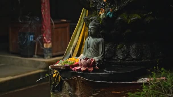 一座古老的石制佛教雕像 坐落于荷花中 花冠上挂着黄色的花朵 背景是绿色的植物 — 图库视频影像