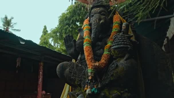 Old Stone Statue Ganesha Covered Moss Wreath Yellow Flowers His — Stock Video