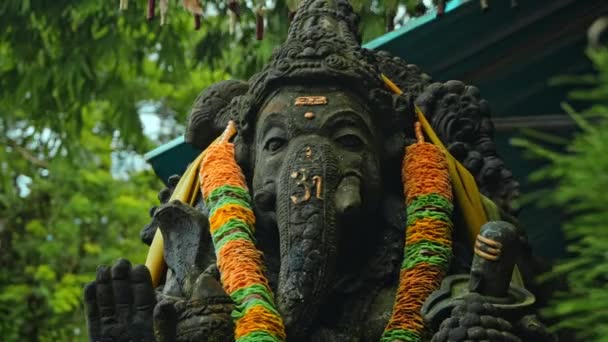 Een Oud Stenen Standbeeld Van Ganesha Bedekt Met Mos Met — Stockvideo