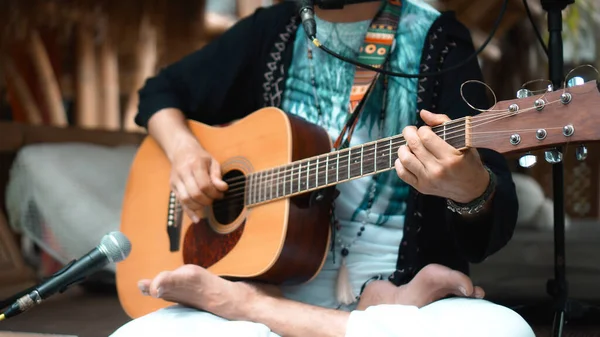 Young Man Plays Hands Classic Acoustic Wooden Guitar Street Using Stock Image