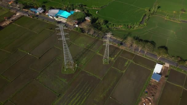 Vídeo Desde Dron Estación Transmisión Eléctrica Con Postes Metálicos Cables — Vídeos de Stock