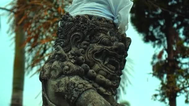 Old Indonesian Ethnic Stone Statue Evil Demon Open Mouth Fangs — Stock Video