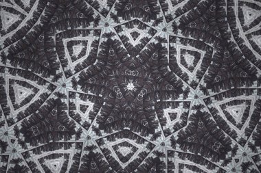 Merkezden gelen gri koyu ve parlak çizgiler ve şekillerle tekrarlanan bir kaleydoskop görünümünden soyut arkaplan