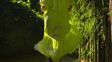 Bahçede yeşil bir bahçe ve çimlerle dolaşan genç bir Avrupalı kız güzel, uzun sarı bir elbise içinde sırtını dönüyor.