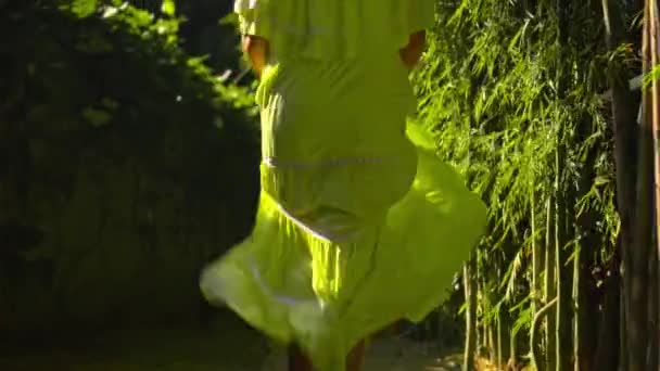 一个年轻的欧洲姑娘 穿着漂亮的黄色长裙 背着绿色的花园和绿草 在后院散步 转身离去 — 图库视频影像