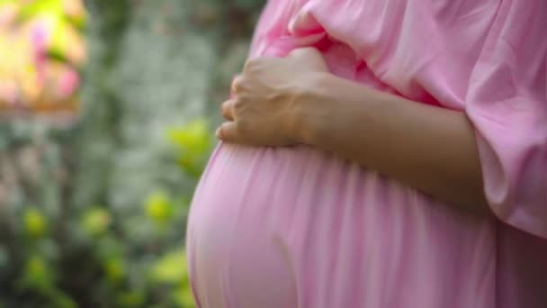 Young European Pregnant Girl Pink Dress Gently Touches Her Big — Stock Video