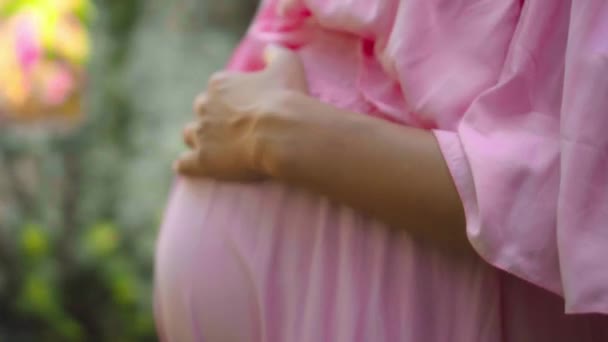 Ung Europeisk Gravid Flicka Rosa Klänning Rör Försiktigt Sin Stora — Stockvideo