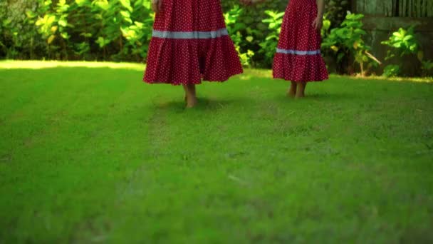 Anne Kız Bahçede Yeşil Bir Bahçe Güzel Kırmızı Elbiseli Çimlerle — Stok video