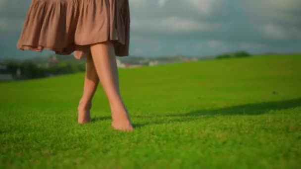 Nogi Młodej Europejskiej Dziewczyny Przechadzają Się Trawie Podwórku Zielonym Ogrodem — Wideo stockowe