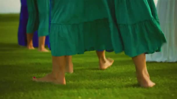 Ноги Молодих Європейських Дівчат Довгих Сукнях Ходять Босоніж Зеленій Траві — стокове відео