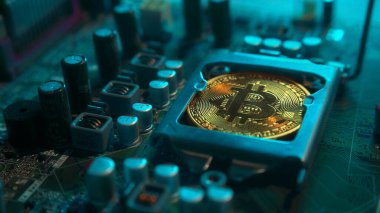 Karanlıkta mavi ışığı olan elektronik bileşenleri olan bir ana kartta merkezi işlemci yerine parlayan ve yansıtan altın bir Bitcoin. Bitcoin madenciliği.