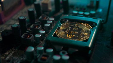 Karanlıkta mavi ışığı olan elektronik bileşenleri olan bir ana kartta merkezi işlemci yerine parlayan ve yansıtan altın bir Bitcoin. Bitcoin madenciliği.