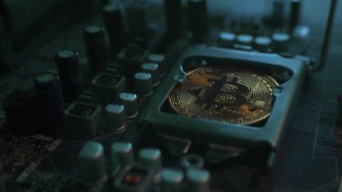 Karanlıkta mavi ışığı olan elektronik bileşenleri olan bir ana kartta merkezi işlemci yerine parlayan ve yansıtan altın bir Bitcoin. Bitcoin madenciliği.