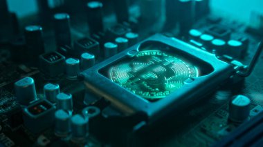 Karanlıkta mavi ışığı ve dumanı olan elektronik parçaları olan ana kartta merkezi bir işlemci yerine parlayan ve yansıtan altın bir Bitcoin. Bitcoin Madencilik