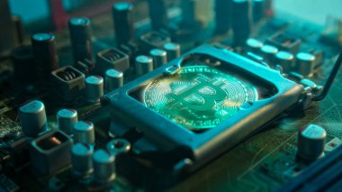 Karanlıkta mavi ışığı ve dumanı olan elektronik parçaları olan ana kartta merkezi bir işlemci yerine parlayan ve yansıtan altın bir Bitcoin. Bitcoin Madencilik