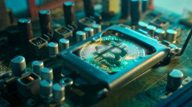 Karanlıkta mavi ışığı olan elektronik bileşenleri olan bir ana kartta merkezi işlemci yerine parlayan ve yansıtan altın bir Bitcoin. Bitcoin madenciliği.