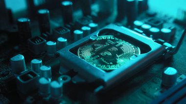 Karanlıkta mavi ışığı olan elektronik bileşenleri olan bir ana kartta merkezi işlemci yerine parlayan ve yansıtan altın bir Bitcoin. Bitcoin madenciliği.