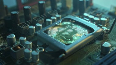 Karanlıkta mavi ışığı ve dumanı olan elektronik parçaları olan ana kartta merkezi bir işlemci yerine parlayan ve yansıtan altın bir Bitcoin. Bitcoin Madencilik