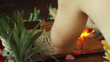 Yagya Ateş Töreni 'nde sunulan çiçekler ve meyveler geleneksel kutsal Hindu ayinlerinde geleneksel Yagya Ateş Töreni' nde sunulan meyveler.