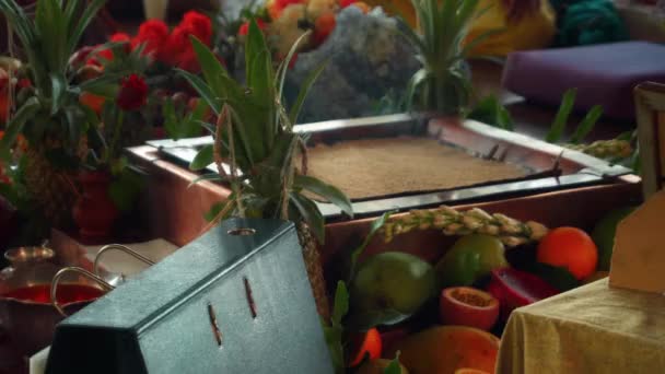 Flores Frutas Para Oferecer Cerimônia Fogo Yagya Hindu Ritual Sagrado — Vídeo de Stock