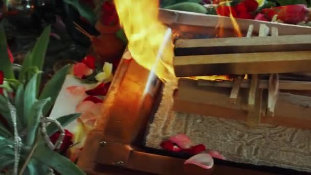 Blommor Och Frukter För Att Erbjuda Vid Yagya Brand Ceremoni — Stockvideo
