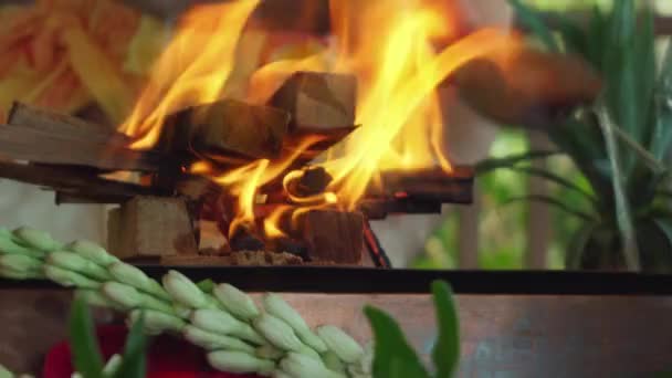 八ヶ谷の火の儀式で供える花や果物 八ヶ谷の火の儀式で供える花や果物 Hindu伝統的な聖なる儀式 — ストック動画