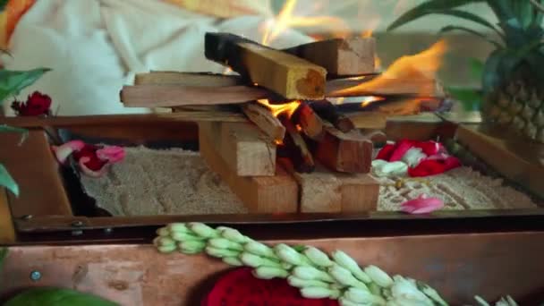 Kwiaty Owoce Ofiarowania Yagya Ceremonii Ognia Hinduskie Tradycyjne Święte Rytuałkwiaty — Wideo stockowe