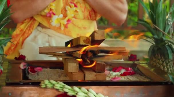 Fleurs Fruits Pour Offrande Lors Cérémonie Feu Yagya Hindou Rituel — Video