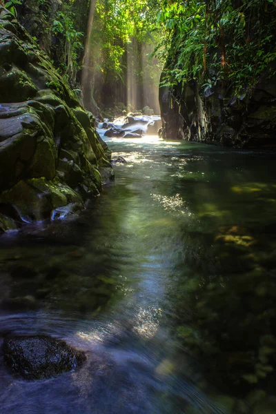 Stock image a view of a waterfall with a bordering wall and the light of the morning sun on a green tree in the tropical forest of Bengkulu, Indonesia