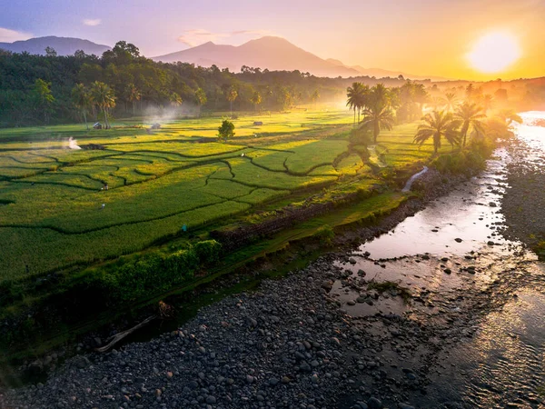 Endonezya 'da güzel bir sabah manzarası, dağ sıraları ve açık gökyüzü olan pirinç tarlalarının panoramik manzarası