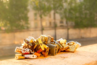 France. Sunny summer morning in Paris on the embankment of the river Seine. Several padlocks are chained to a granite parapet clipart