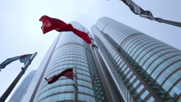 Magas Felhőkarcolók Üveghomlokzatokkal Hong Kongban Több Zászló Lobogott Szélben Zászlórúdokon — Stock videók