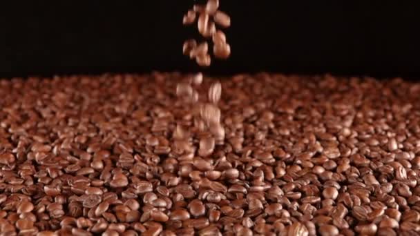 Lot Grain Coffee Table Black Background Few Beans Falling Slow — Stock Video