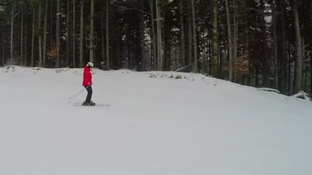 Snöfall och flicka skidåkare — Stockvideo