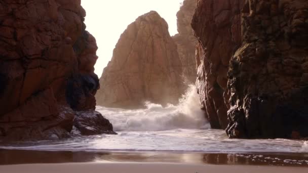 Rocks and Surf Backlit Sun — Stock Video