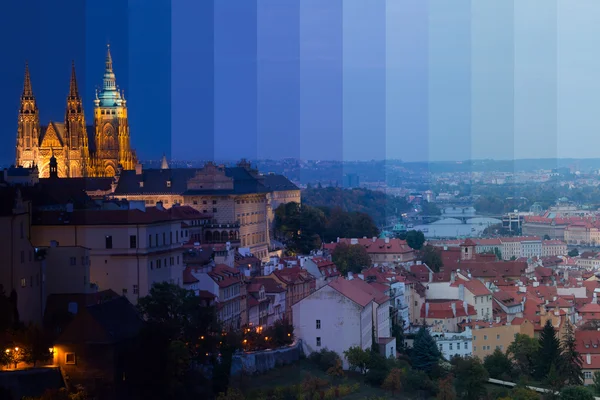 Crepúsculo sobre Praga. Colagem fantástica Fotos De Bancos De Imagens