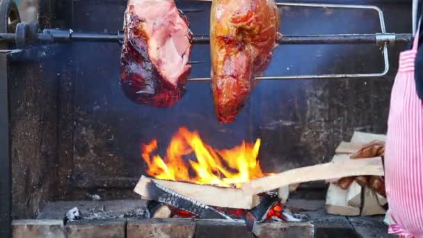 Pieczenia mięsa na rożnie — Wideo stockowe