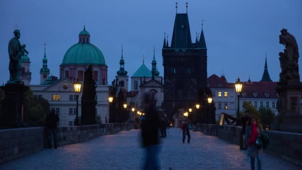 Fotografen en toeristen op de Karelsbrug. Praag. Time-lapse 4k — Stockvideo