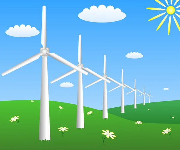 Wind turbines on a field with camomiles. Vector EPS10 — Stock Vector