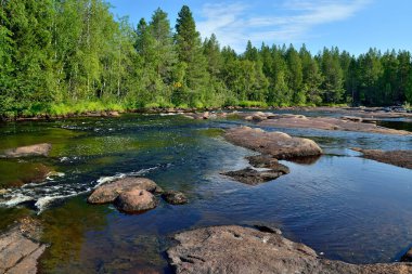 Pongoma Nehri 'ndeki köprünün eşiği görünüyor. Kuzey Karelya, Rusya
