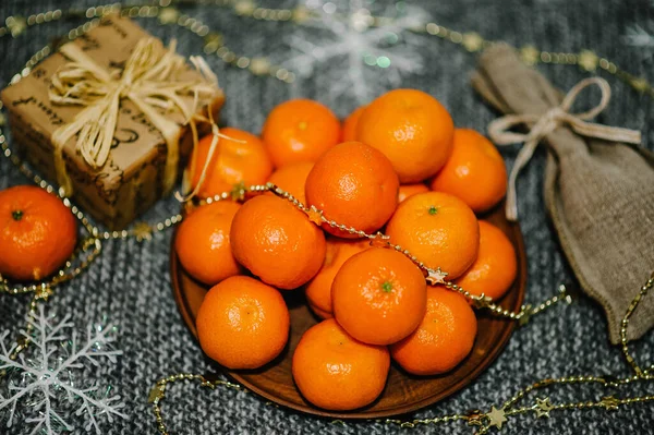 Merry Christmas Celebration Concept Tangerines Gift Box Snowflakes Rustic Stylish — Stock Photo, Image