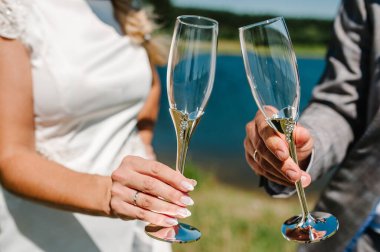 Gelin ve damat bir kadeh şampanya tutuyor ve düğün töreninde doğanın üzerine çıkıyorlar. Kapatın. Tatil günü. Şerefe..