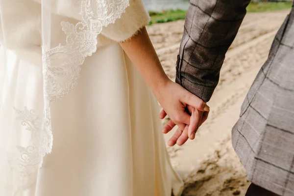 Bride Groom Walking Park Holding Hands Bottom View Newlyweds Outdoors — Stock Photo, Image