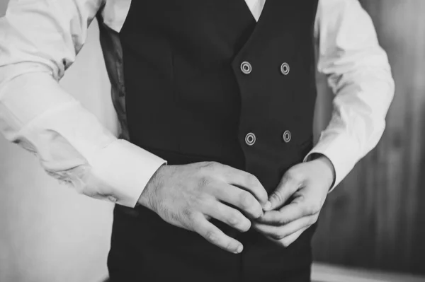 Man Buttoning His Vest Close Perfect Last Detail Modern Businessman — Stock Photo, Image