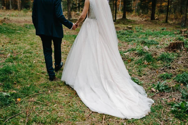Весільна Пара Повертається Природу Наречена Сукні Наречений Йдуть Зелений Ліс — стокове фото
