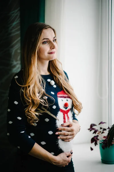 Graviditet Människor Förväntan Koncept Närbild Gravida Kvinna Hålla Hand Röra — Stockfoto