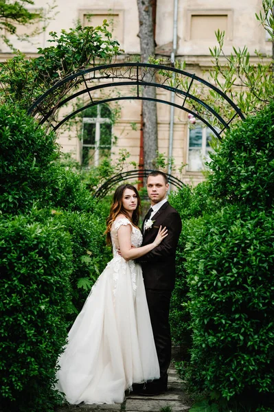 Recém Casados Estão Olhando Para Câmera Arco Fundo Com Vegetação — Fotografia de Stock