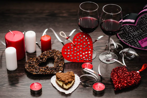 Romantic Dinner Candles Concept Valentine Day Cake Glasses Wine Heart — Stock Photo, Image