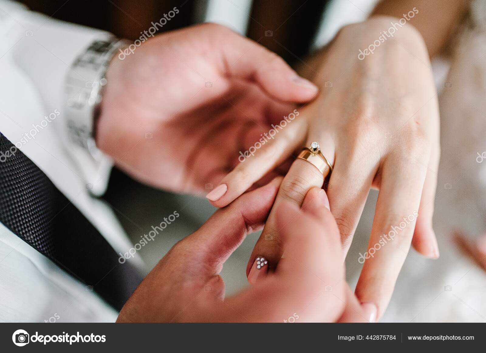 Hands Groom Wears Wedding Engagement Ring Finger Bride