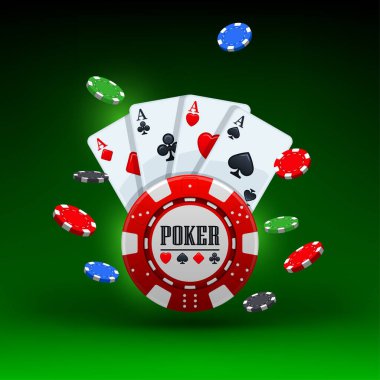 Poker turnuvası. Dört kart ve kumar fişi. Vektör çizimi. Dört kart ve yeşil arka planda bir kumar fişi. Çevrimiçi kumarhane, kumar konsepti, poker mobil uygulama simgesi.